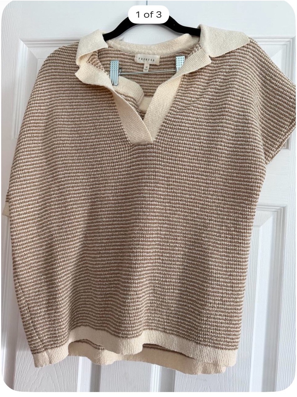 Promesa Tan & Cream Short-Sleeve V-Neck Polo Sweater